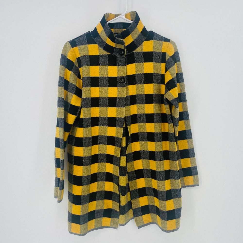P Luca Milano  YellowPlaid Button Front Jacket Stand Collar size M Long Sleeve‎